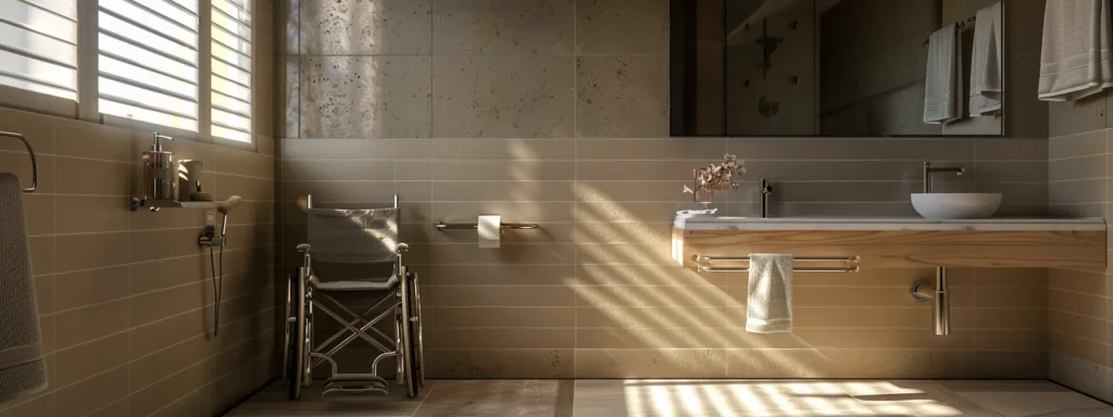 a wheelchair accessible bathroom with grab bars and a lowered sink.