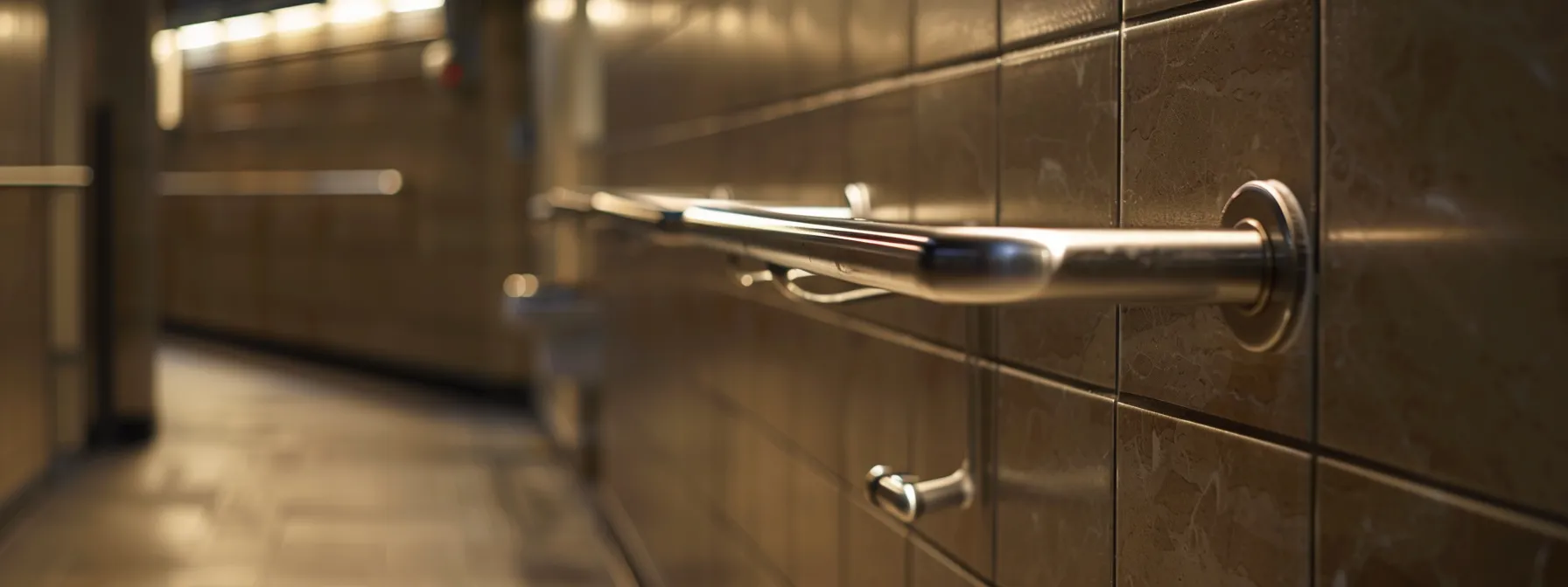 ada compliant grab bars installed near a toilet in a spacious restroom stall.