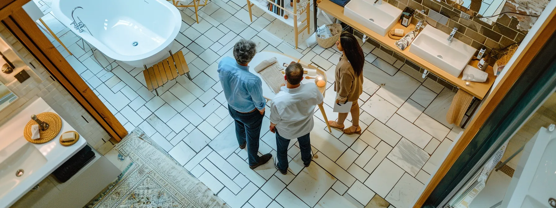 architects and designers examining a bathroom layout for ada compliance and universal design principles.