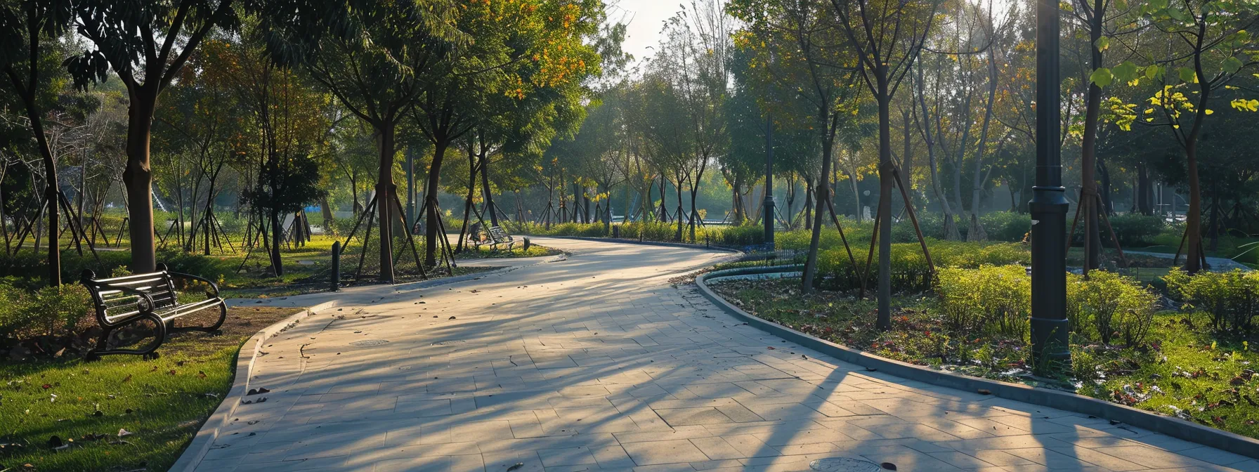 a wide, wheelchair-accessible pathway in a park with clear navigation markers.