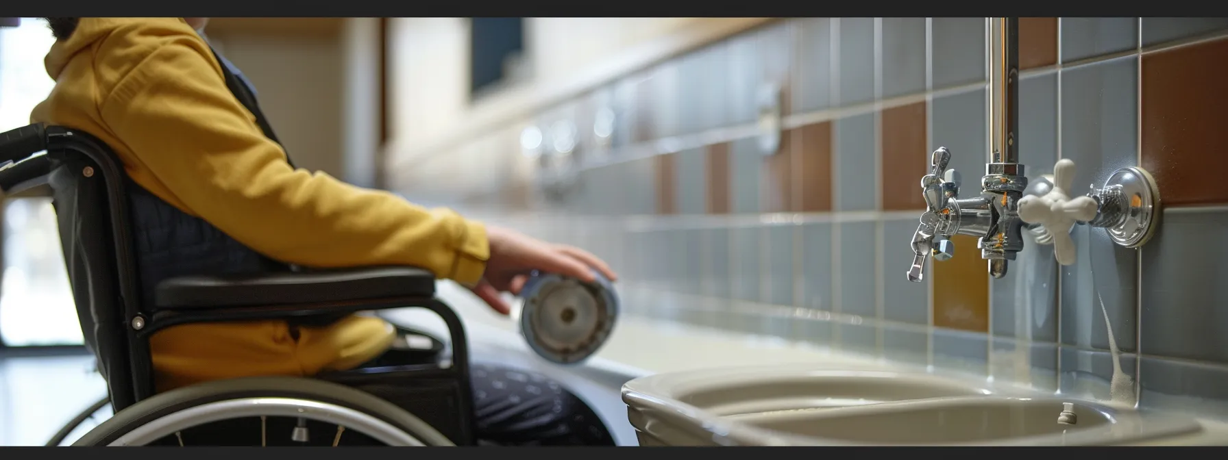 a person in a wheelchair easily reaching and operating a garbage disposal switch mounted at the correct height under an ada-compliant sink.