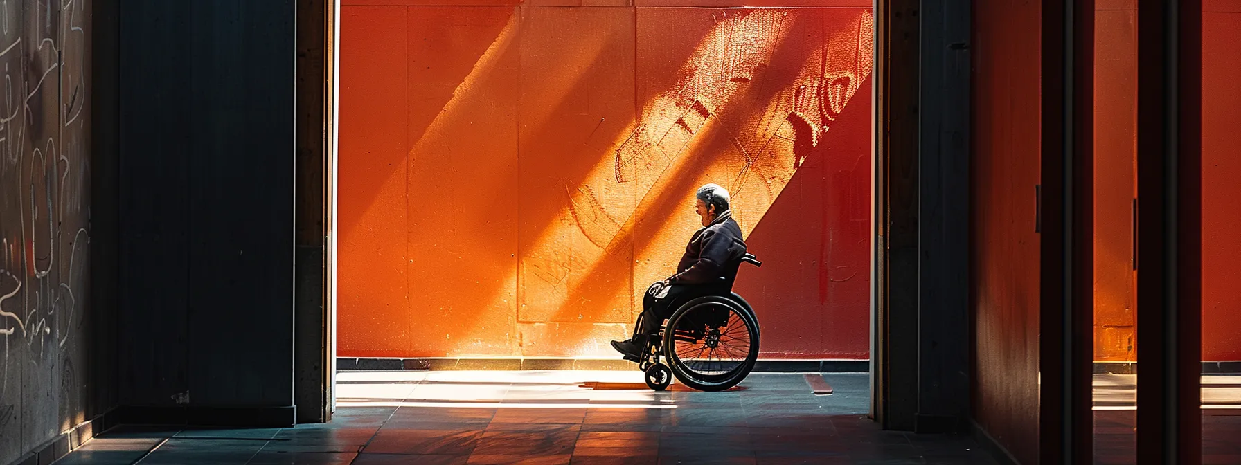 a person in a wheelchair easily navigating through a door with a recessed design, with appropriate hardware and clear path markers for accessibility.