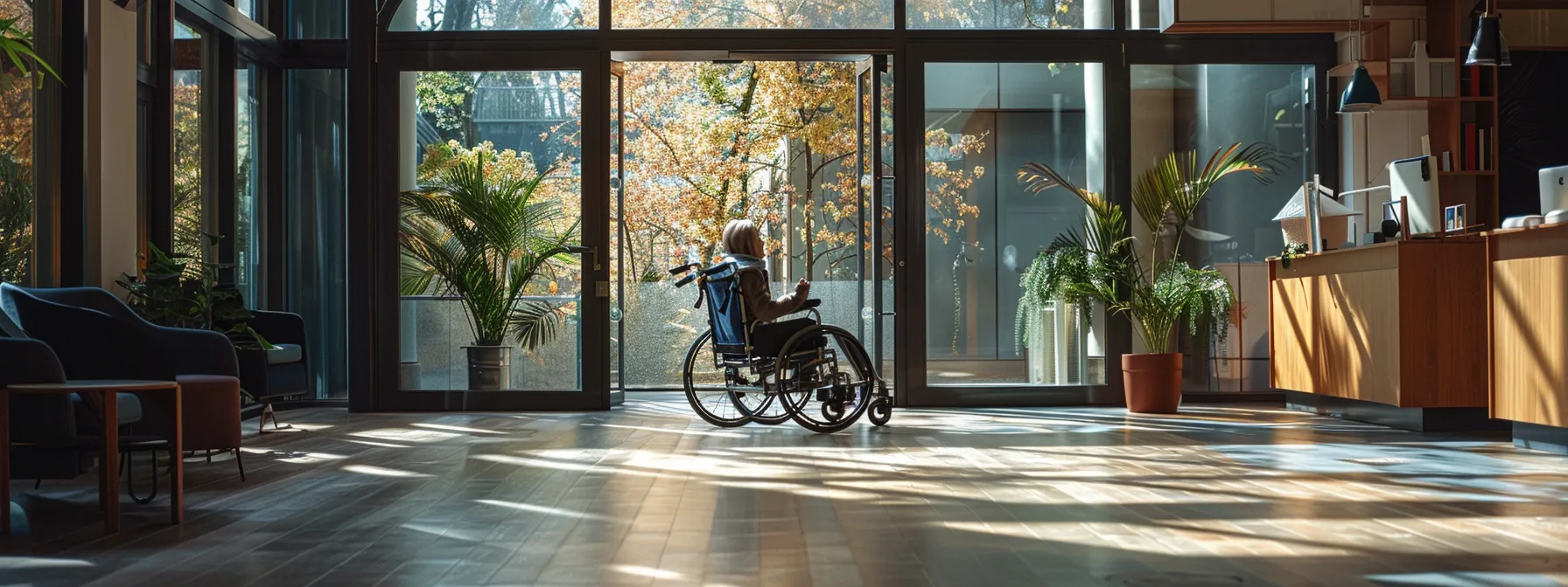 a person using a wheelchair easily navigates through a wide swing door with ample clearance space.