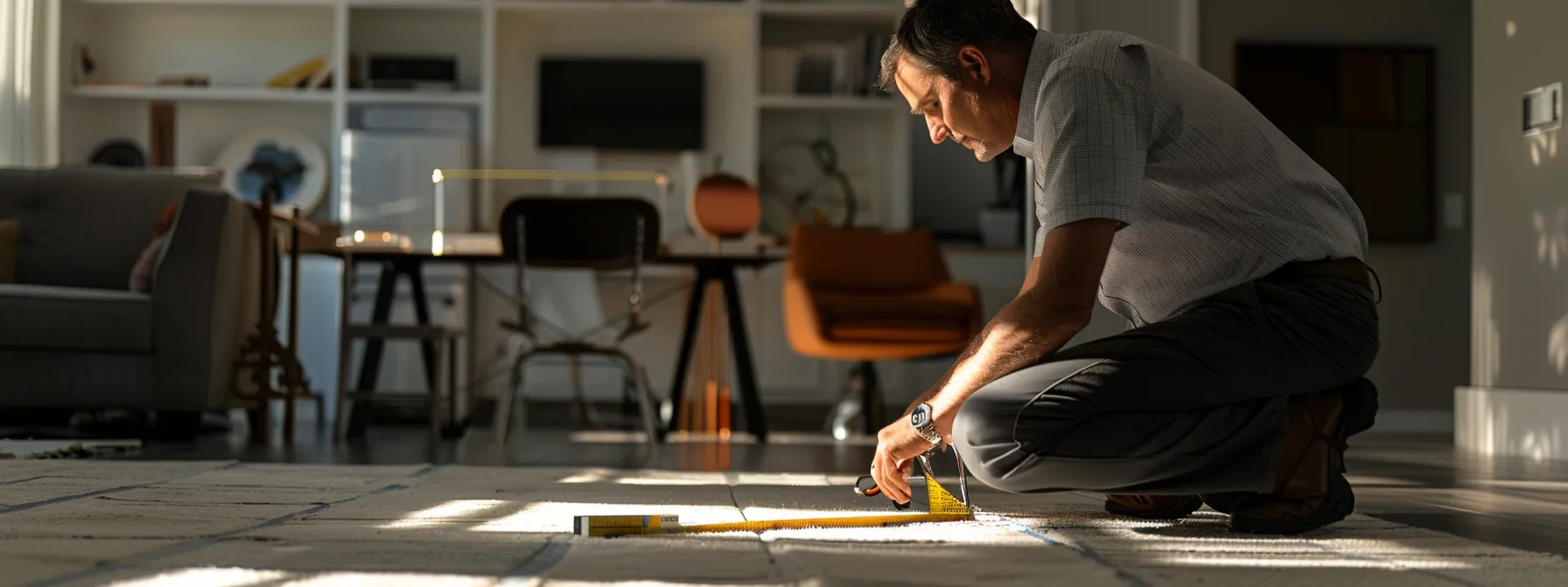 an architect carefully measuring the space between furniture in a room to ensure ada knee clearance compliance.