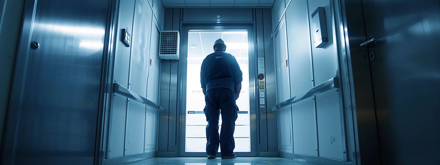 a maintenance worker inspecting an automated door for ada compliance.