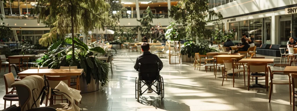 a person in a wheelchair easily navigating through a wide open space in a public area, with plenty of knee clearance under tables and counters.