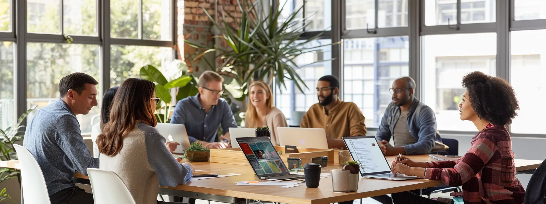 a diverse group of people collaborating and discussing the design of custom desks for ada compliance.