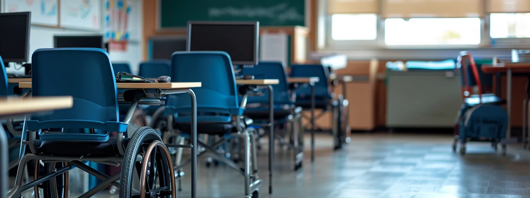 an adjustable desk in a classroom with ample knee space for students in wheelchairs.