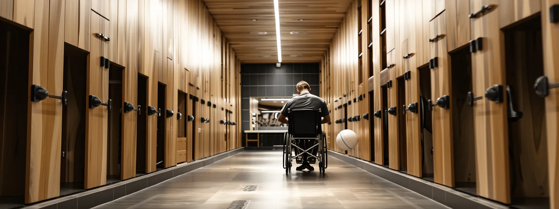 a person in a wheelchair easily maneuvers through a spacious changing room with ample knee clearance.