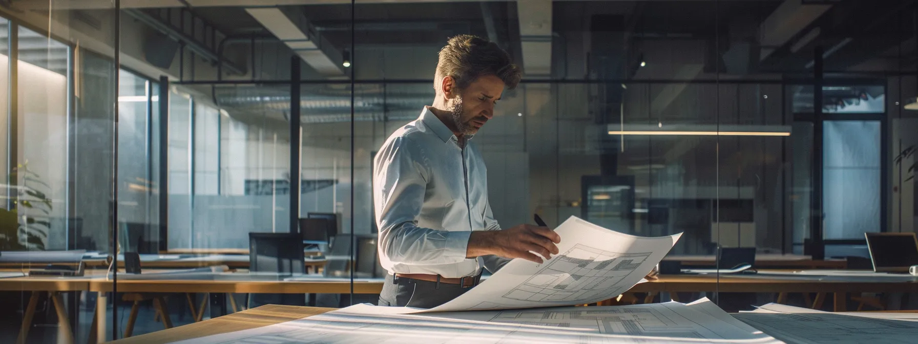 architect reviewing building blueprints for ada compliance features.