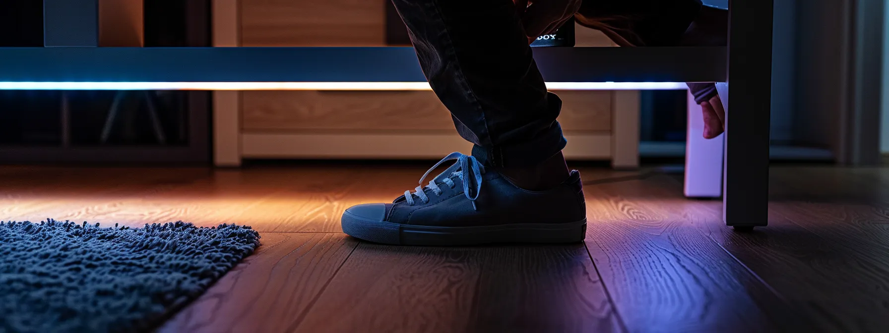 a person measuring the knee clearance under a table for ada compliance.