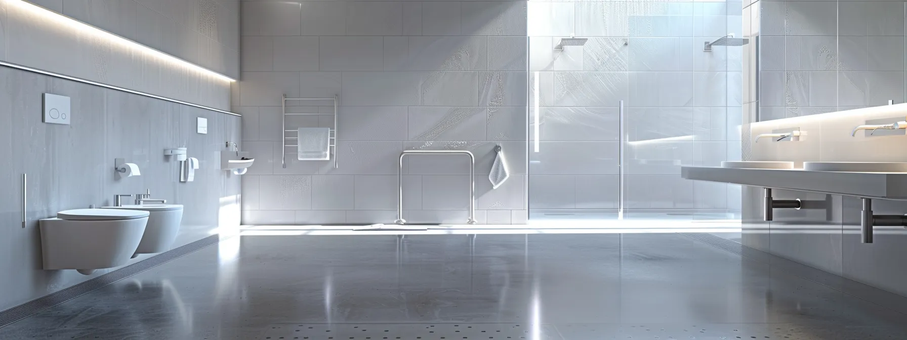 interior of a bathroom with accessible features like grab bars and raised toilet seat for ada compliance.