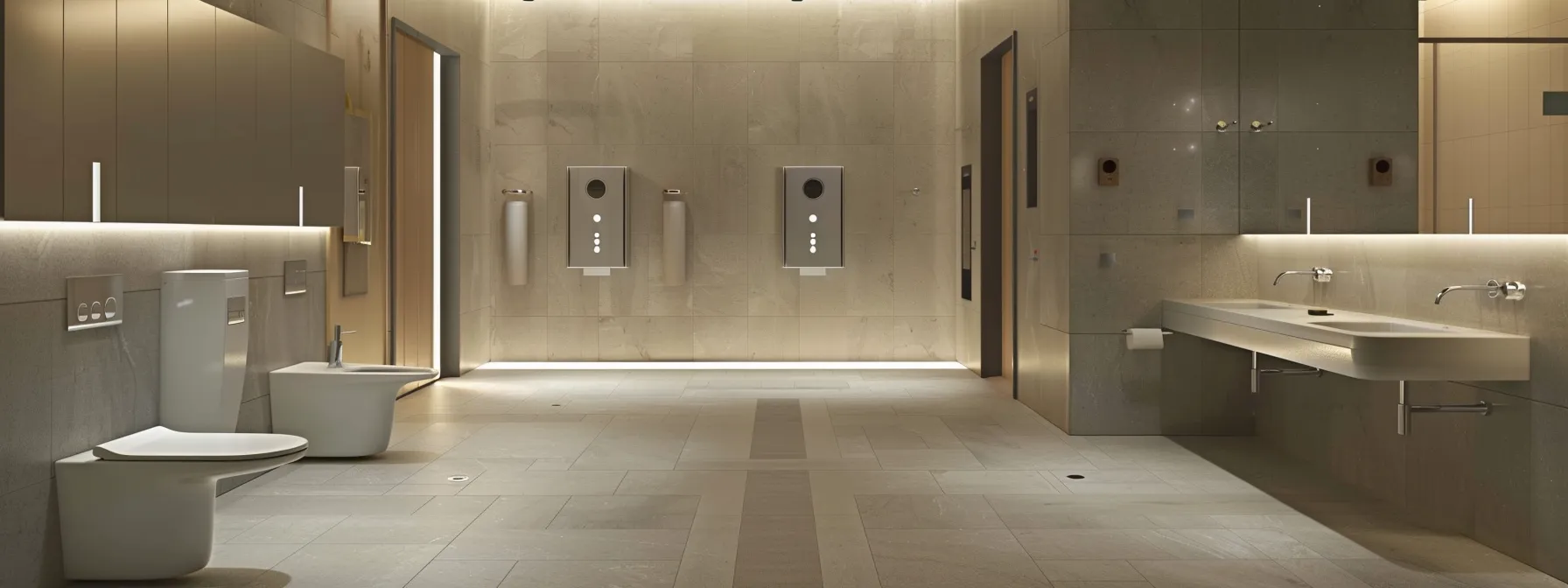 a modern, accessible bathroom with automated fixtures and smart devices designed for universal use.