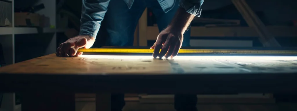 a person using a measuring tape to determine the knee clearance under a table, following ada guidelines.