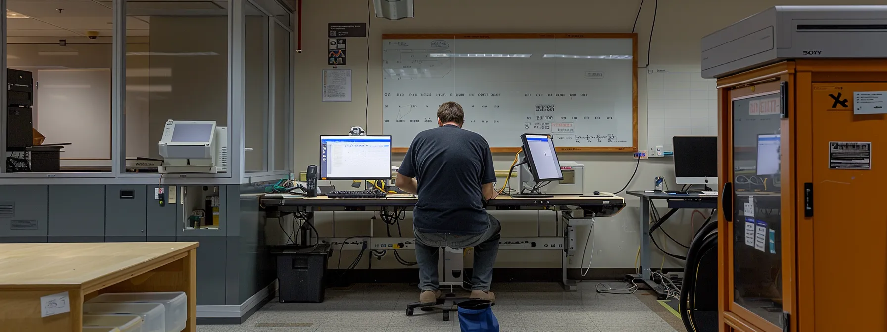 an individual measuring knee clearance beneath a workstation to ensure proper accessibility.