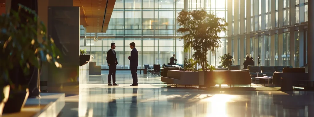 architects and engineers discussing accessible design features in a modern office building.