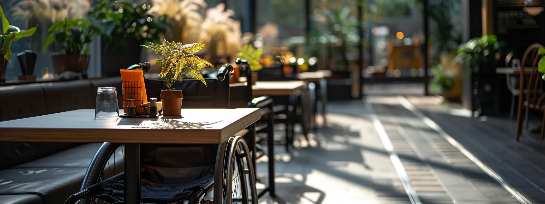 a restaurant table with a wheelchair accessible ramp leading up to it.