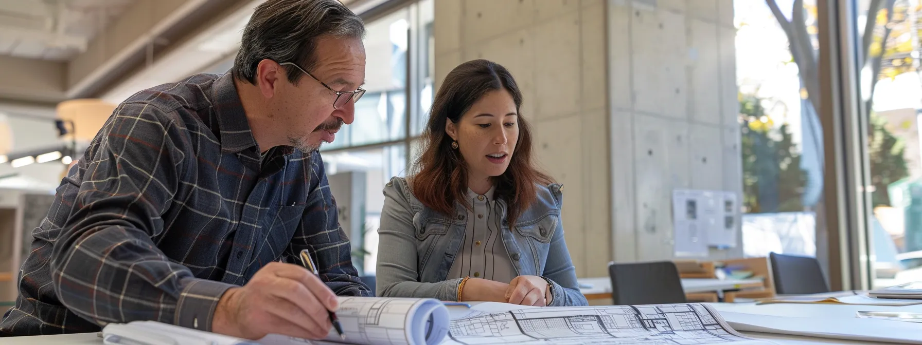 architect and ada consultant discussing design plans for new construction or renovation project.