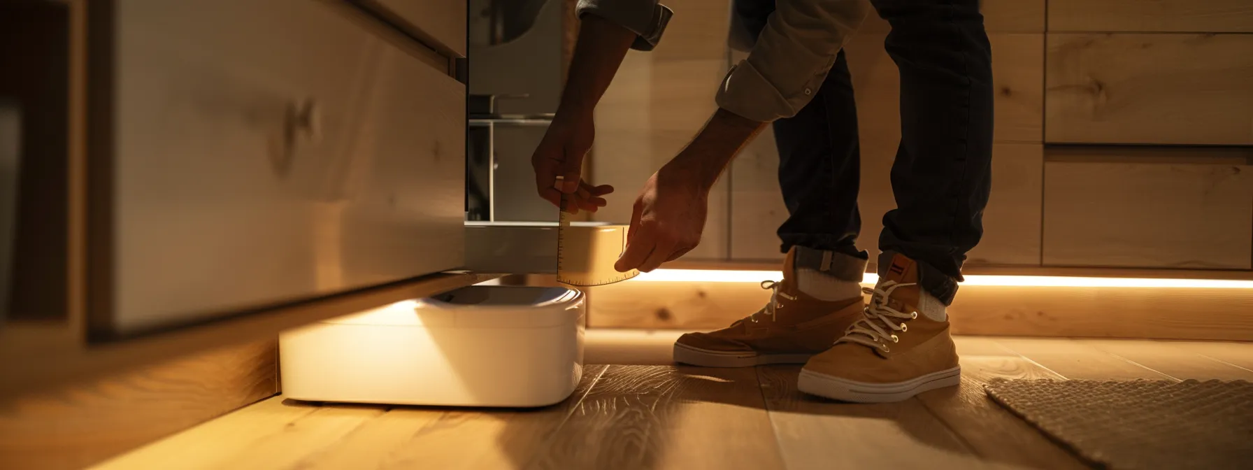 a person measuring the knee clearance space under a sink.