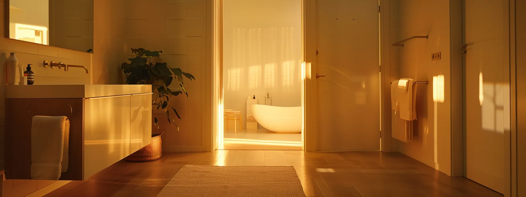 a wide doorway leading into a spacious and accessible bathroom.