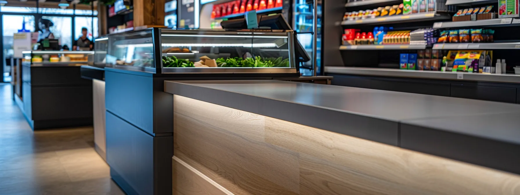 a checkout counter with ample knee space for accessibility in a retail store.