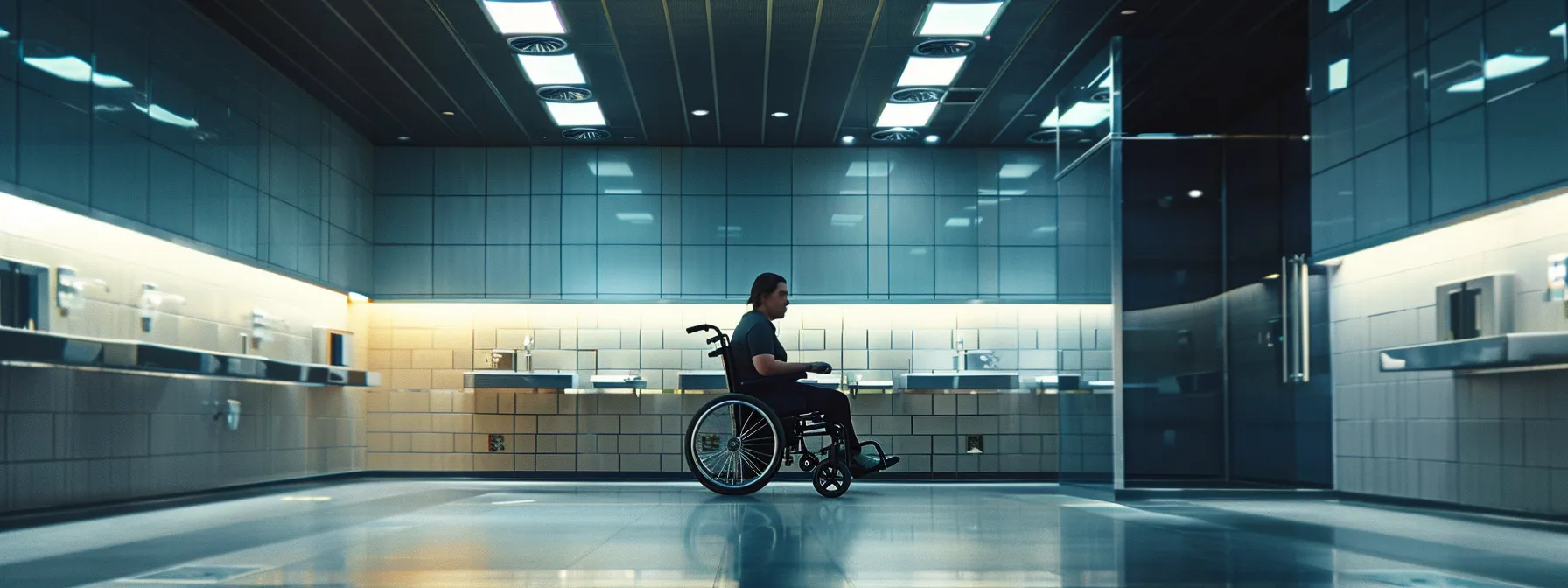 a person using a wheelchair easily navigating through a spacious and accessible public bathroom.