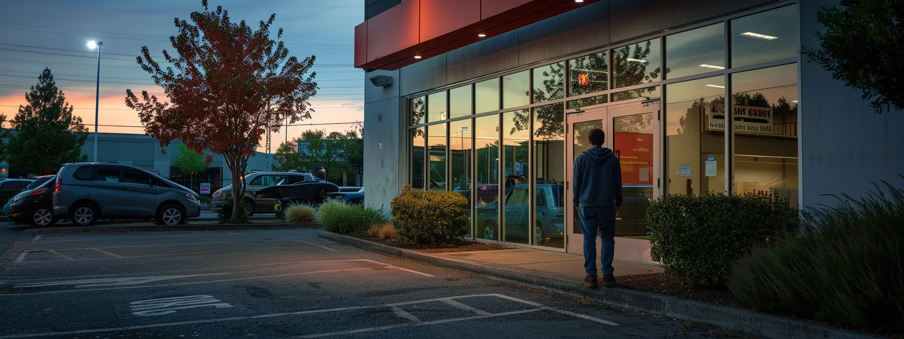 a person looking at a clearly marked ada parking spot outside a business.