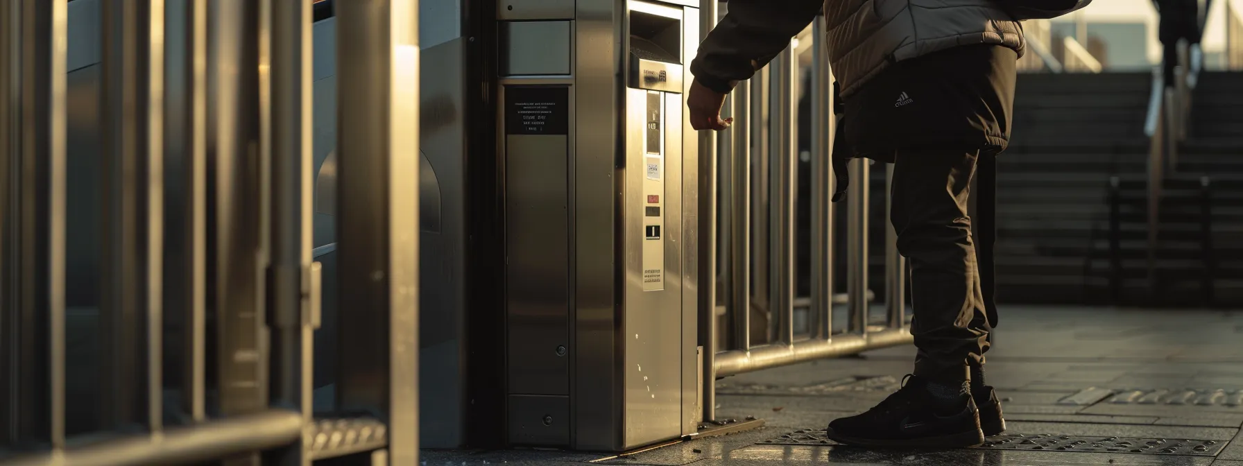 a person using a knee clearance gauge to measure the space around a turnstile.