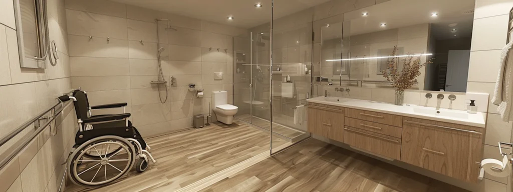 a modern and spacious bathroom with grab bars and a wide doorway for wheelchair accessibility.