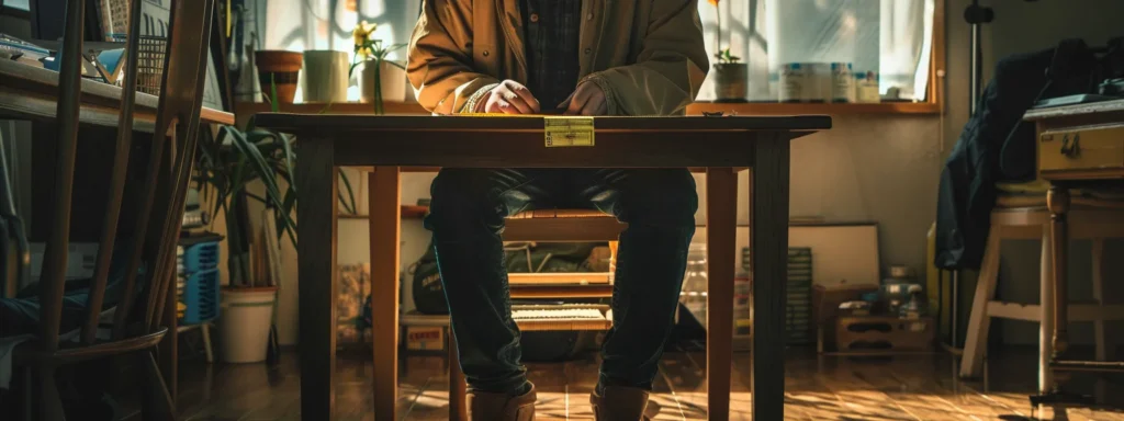 a person sitting at a table with a tape measure measuring the space under the table.