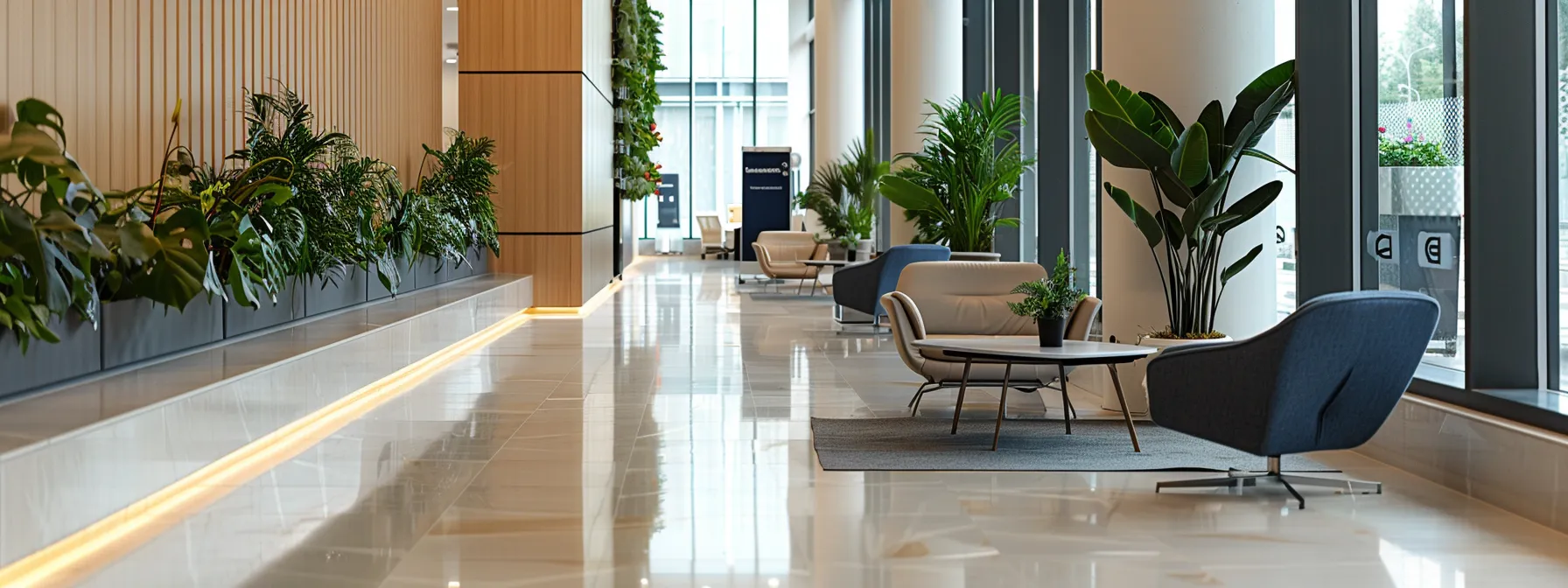 a well-organized office lobby with accessible pathways and clearances for employees to move freely.