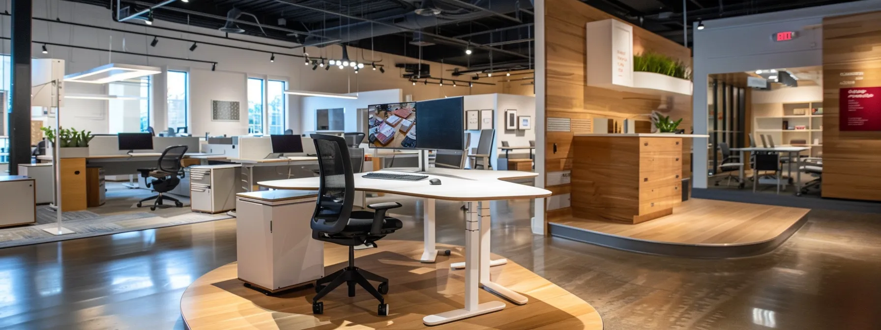 an office furniture showroom displays ada-compliant desks with ergonomic design features, promoting accessibility, safety, and productivity.