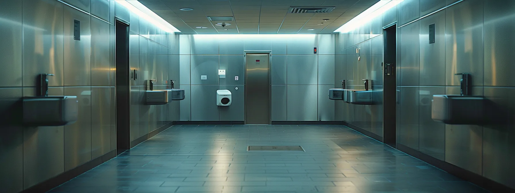 an ada-compliant bathroom with strategically placed towel and toilet paper dispensers made of stainless steel.