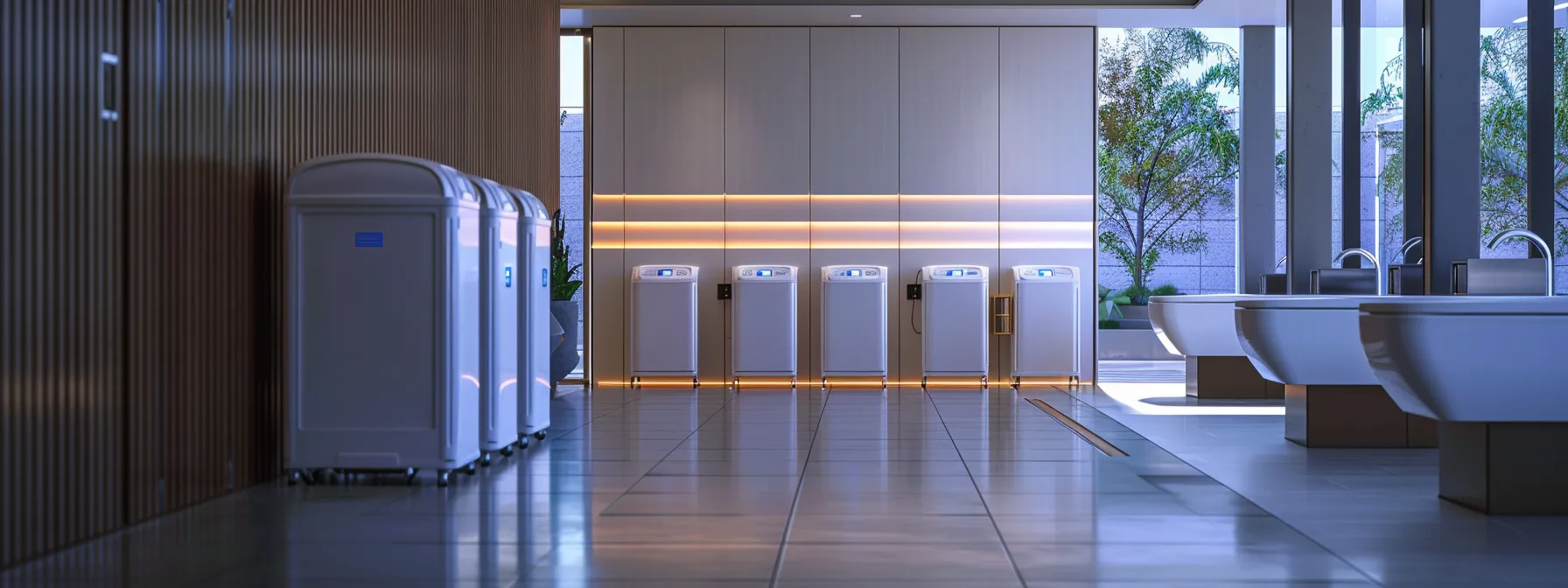 an accessible restroom equipped with portable toilets in a commercial space being assessed for ada compliance.