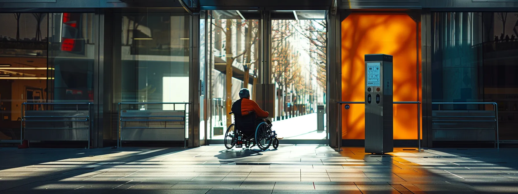 a person using a wheelchair navigating a wide, ramped entrance to a building with grab bars and proper signage.