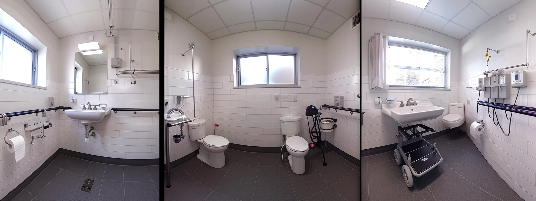 a bathroom with grab bars, a lowered sink, and a spacious layout to accommodate wheelchair users.