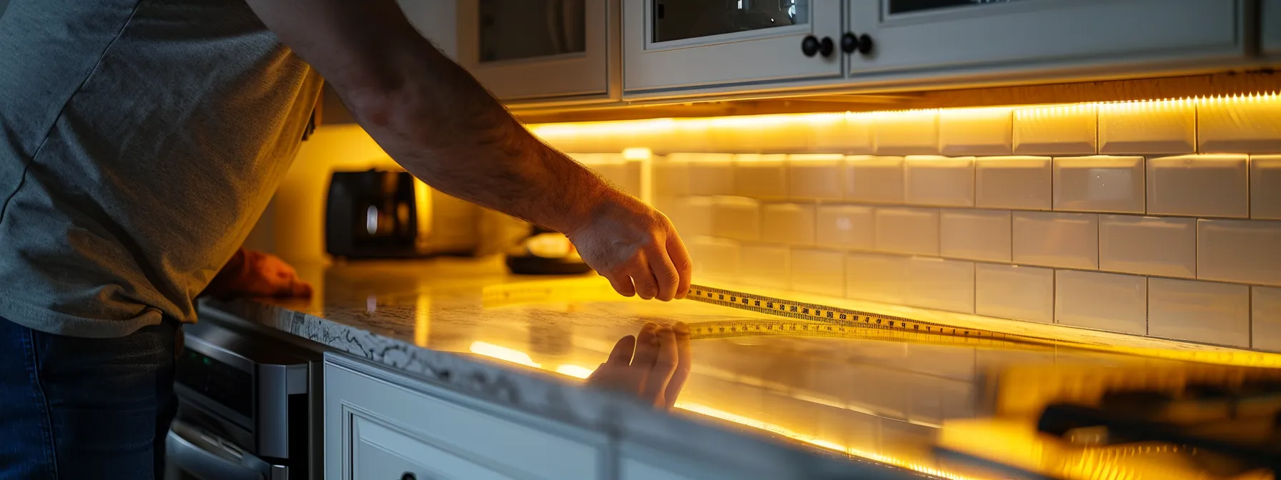 an individual using a measuring tape to measure the distance between a countertop and the underside of a kitchen oven to ensure ada compliance.