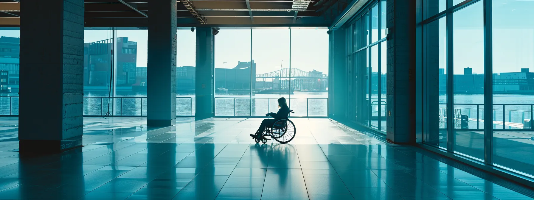 a person in a wheelchair comfortably moving through a spacious aisle in a public facility by the water.