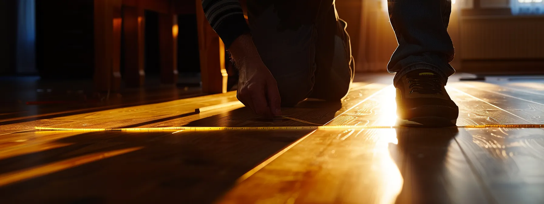 a person measuring knee clearance under a table with a tape measure.