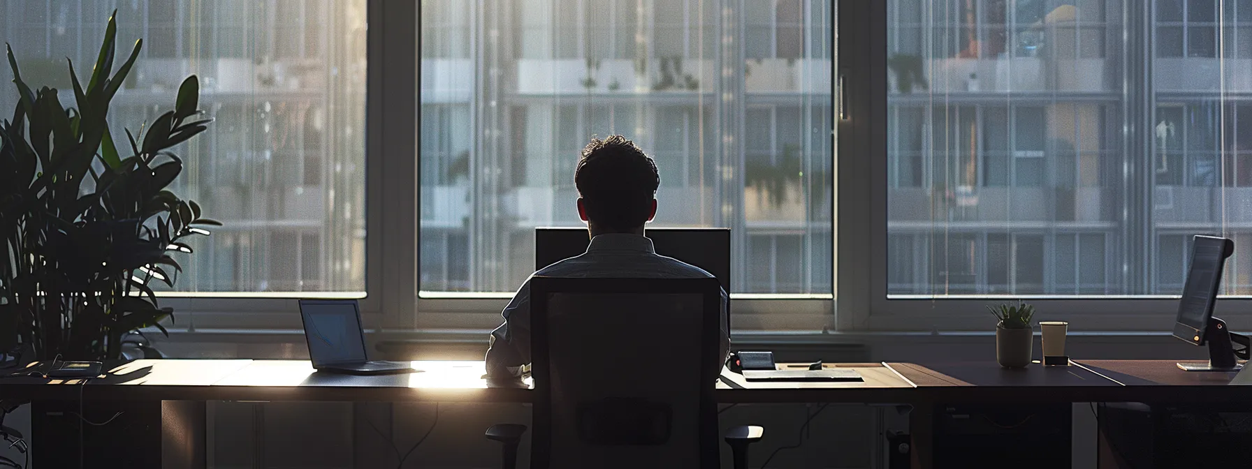 a person sitting comfortably at a desk with ample space below for knee clearance compliance.