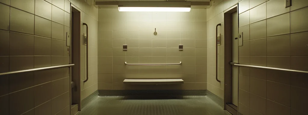 an empty accessible stall with grab bars and a raised toilet seat.