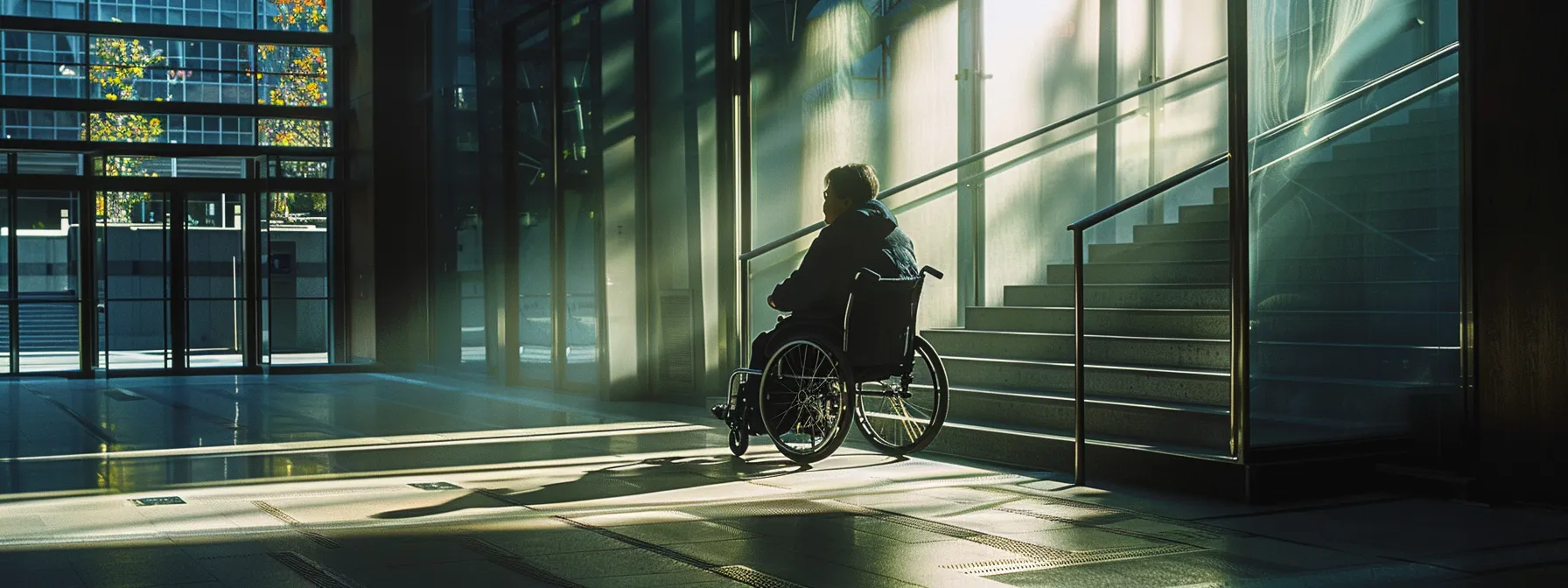 a person using a wheelchair enters a building with a ramp and handrails, indicating ada compliance.