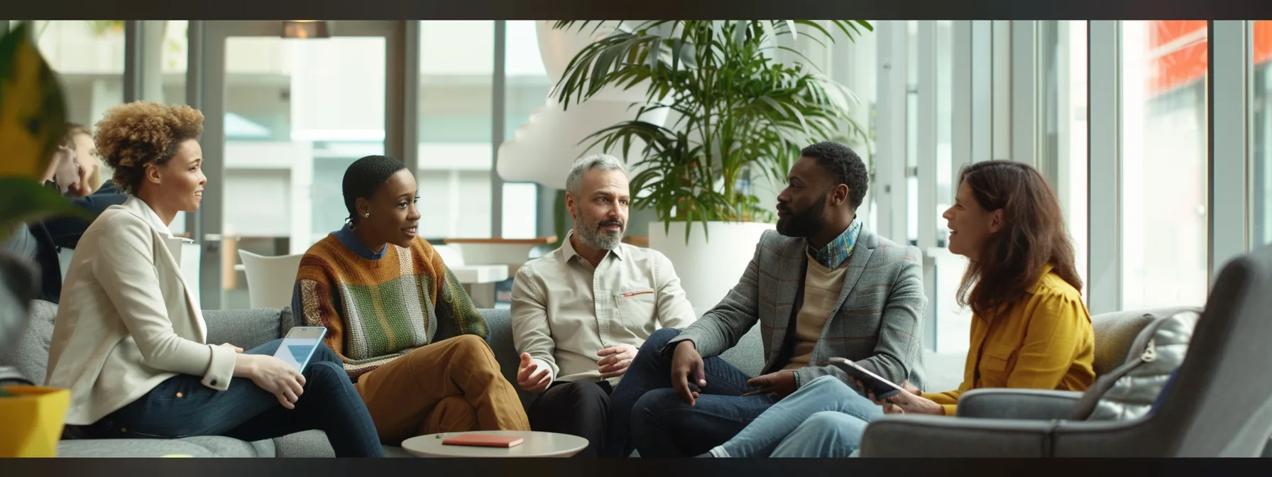 a diverse group of people discussing accessibility features in a modern office setting.