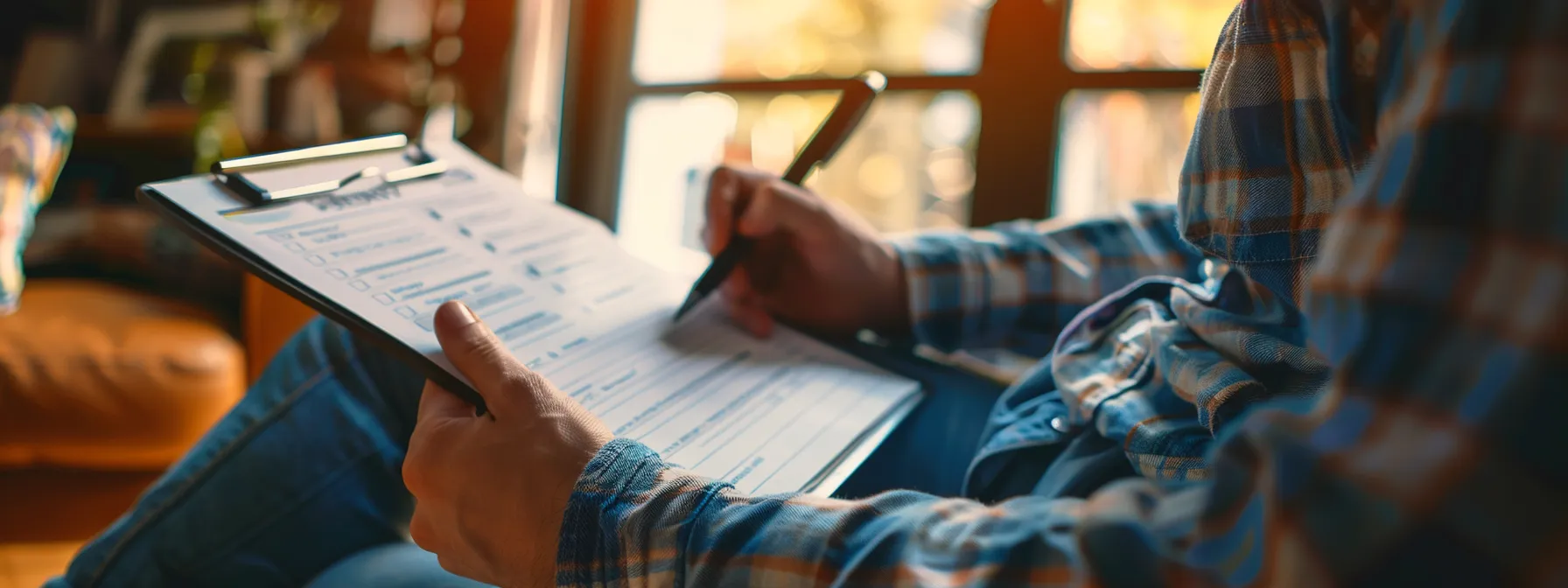 a person reviewing a checklist with a clipboard in hand.