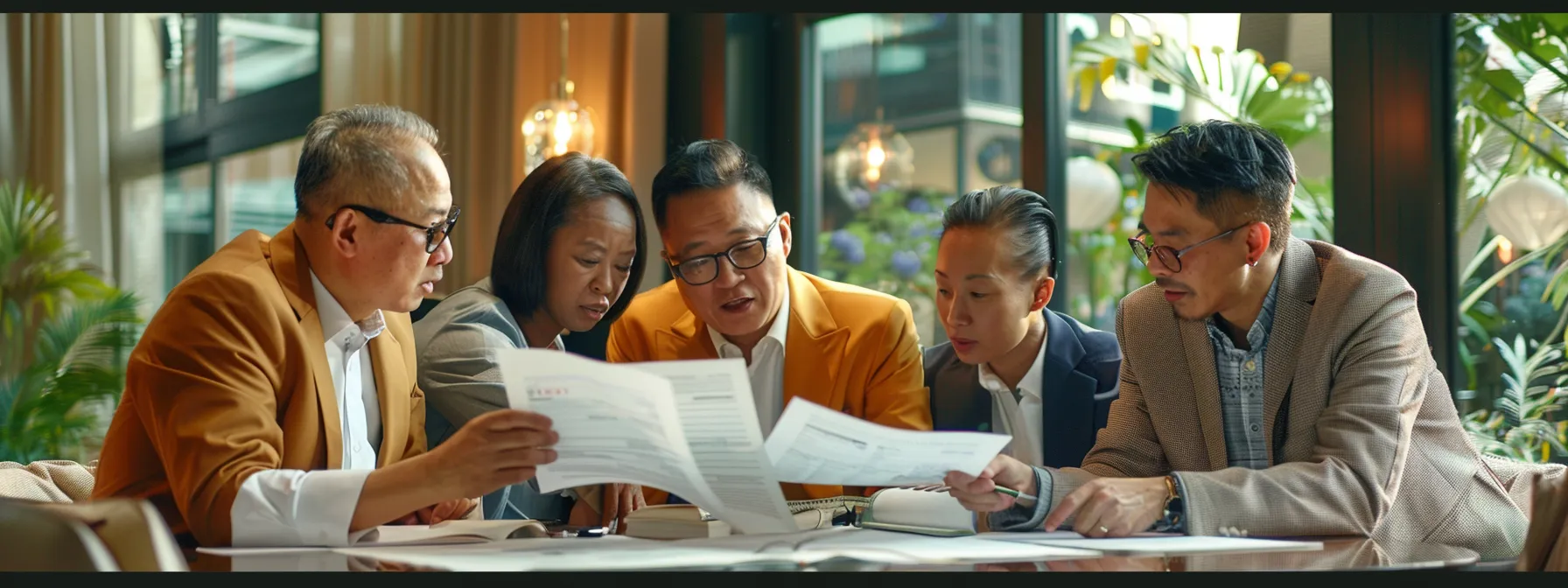 a diverse group of business owners reviewing a large document together.