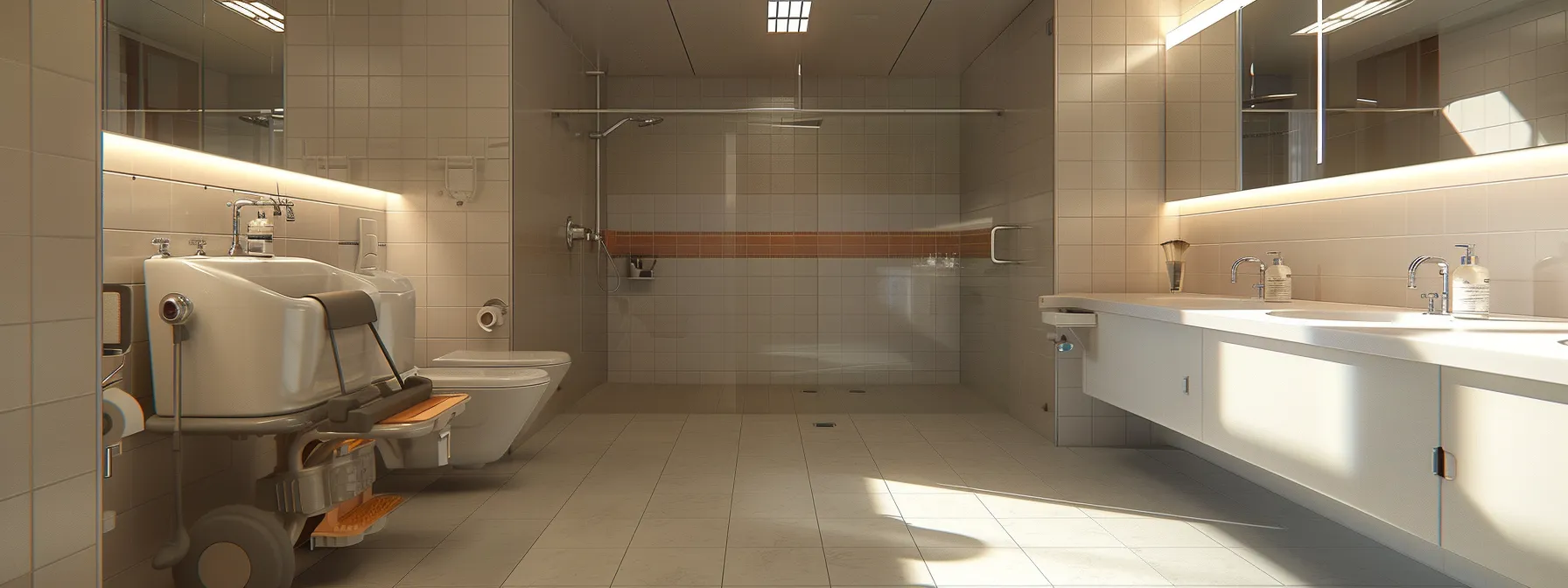 an accessible sink and lavatory set-up in a spacious and wheelchair-friendly bathroom.