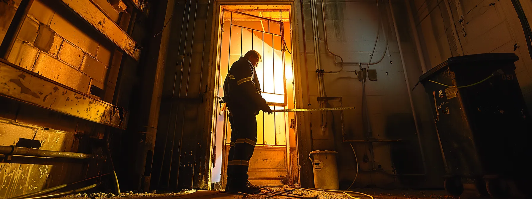 an inspector using a tape measure to check the space beneath a fire door.