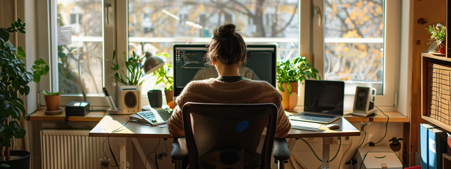 a person sitting comfortably at a desk with ample space for their knees underneath.