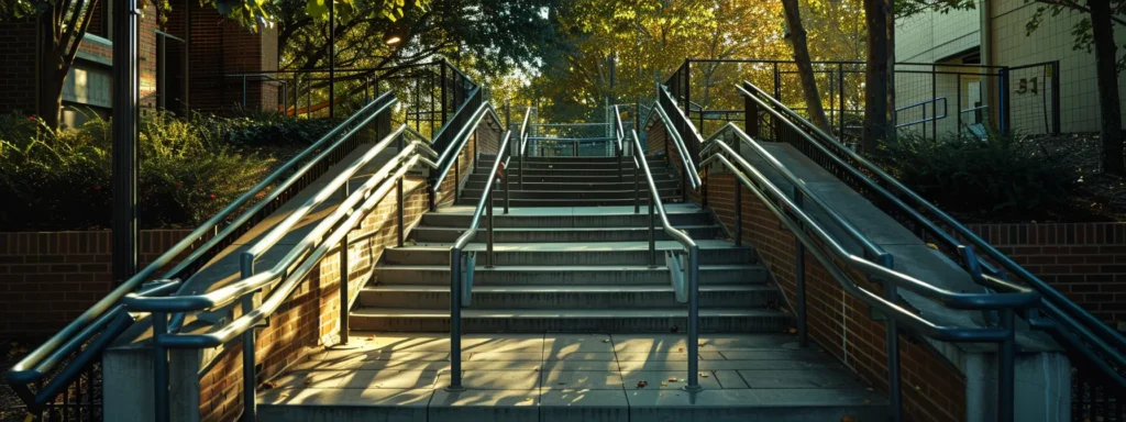 a ramp leading up to a building entrance with handrails on each side.