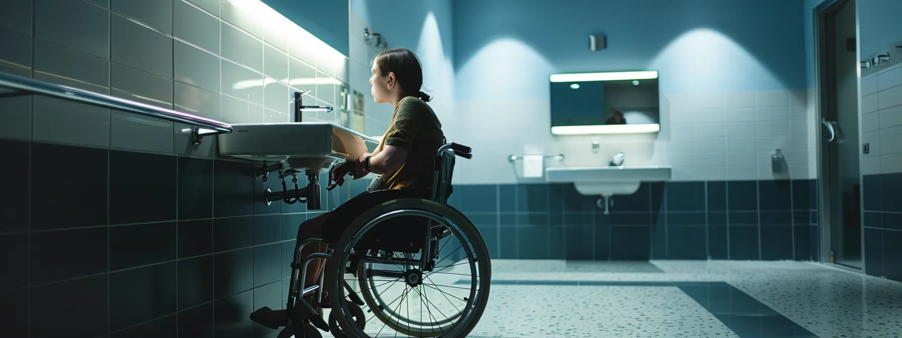 a person in a wheelchair easily accessing a bathroom sink with ample knee clearance.